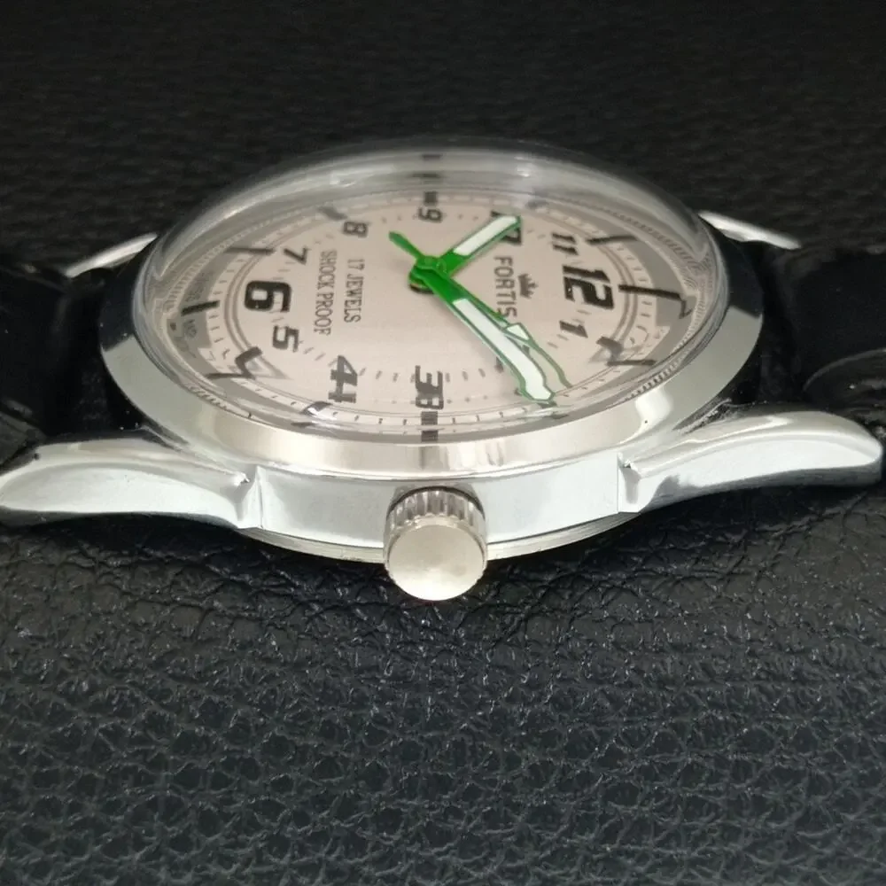 Vintage 1975 Fortis Manual Mens Silver Watch W/Leather Strap & Green accents